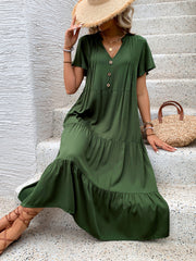 Perfee Tiered Notched Short Sleeve Midi Dress