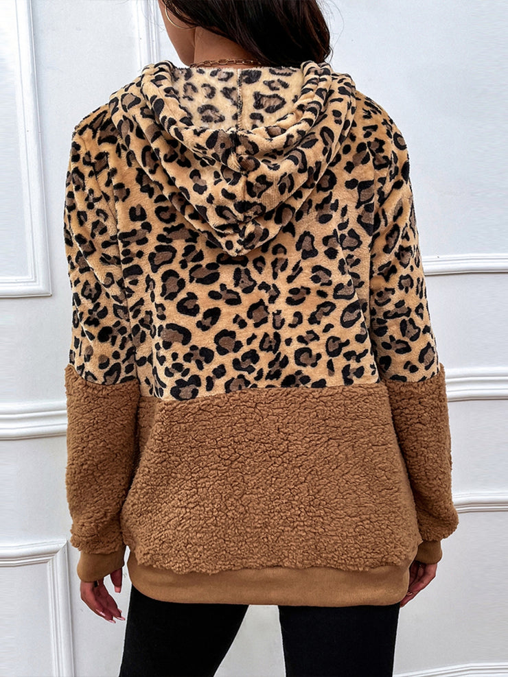 Shiny Leopard Drawstring Long Sleeve Hoodie