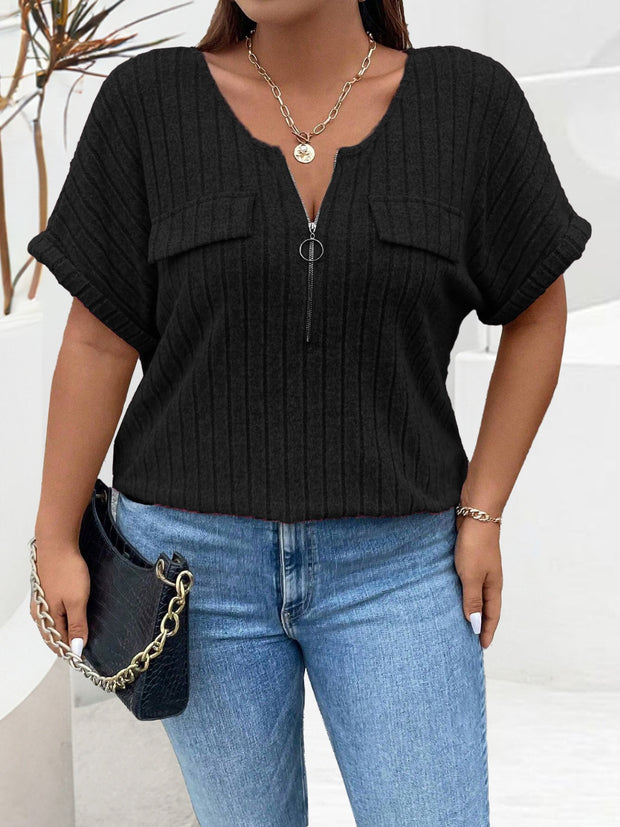 Plus Size Half Zip Short Sleeve T-Shirt