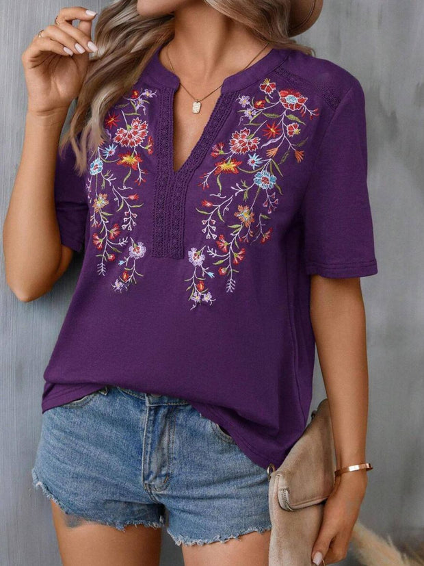 Embroidered Notched Short Sleeve T-Shirt