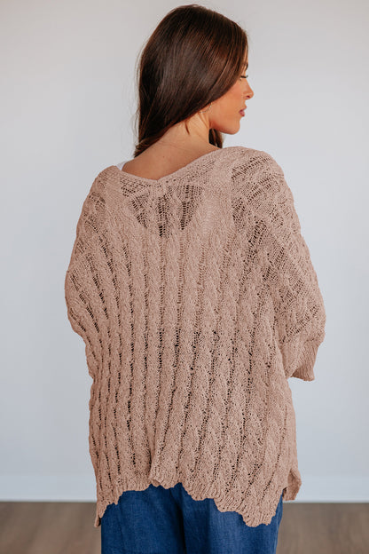 Old Rose Drop Shoulder Crochet Knit Open Front Cardigan