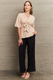 Perfee V-Neck Tie Front Half Sleeve Blouse