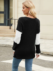 Color Block V-Neck Long Sleeve T-Shirt