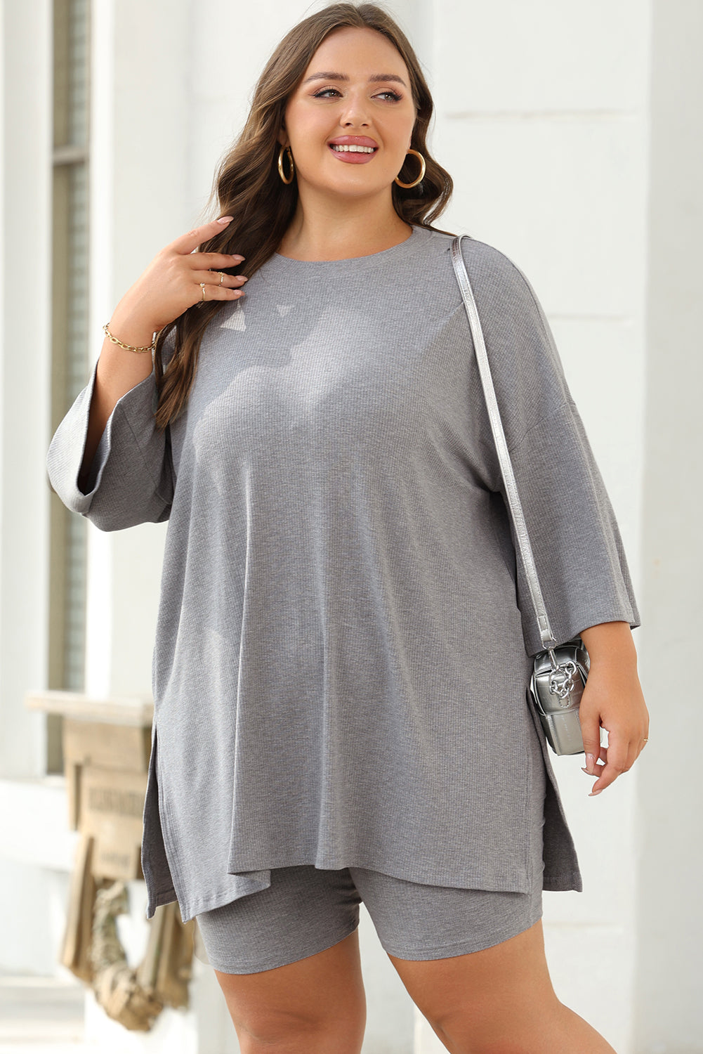 Light Grey Solid Color Loose Tunic Top Loungewear