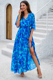 Devine Printed Tied Half Sleeve Slit Dress