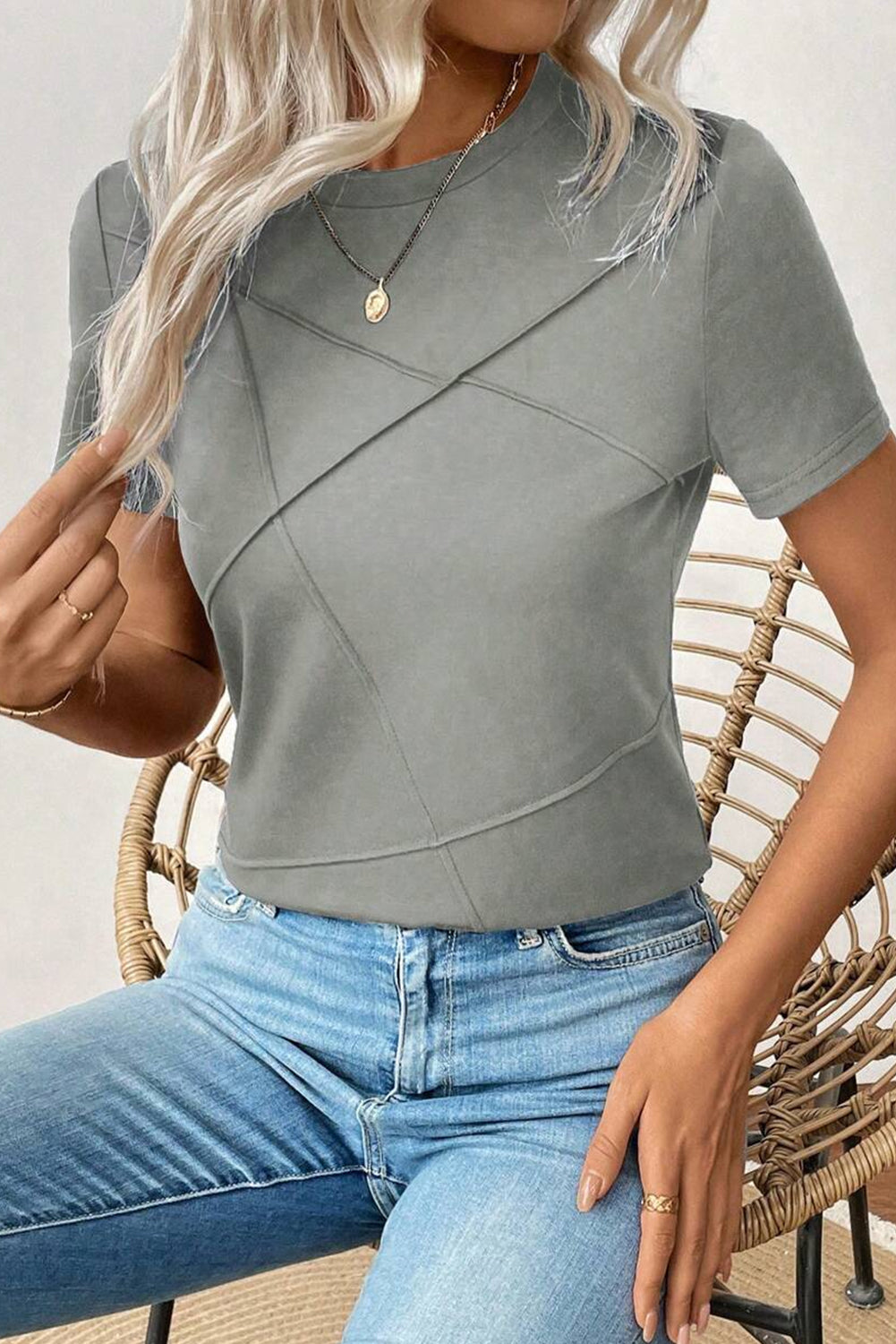 Dirty blue Solid Color Toothpick Stripe Round Neck T Shirt