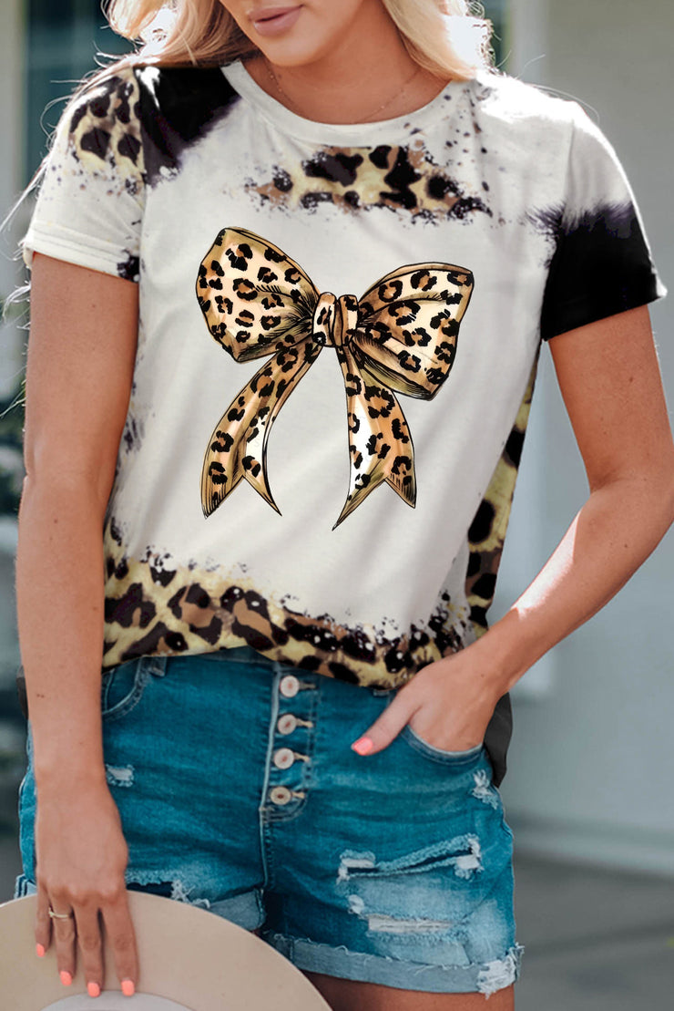 Bow Graphic Leopard Round Neck Short Sleeve T-Shirt