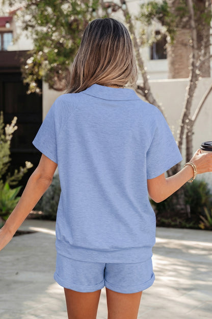 Sky Blue Collared V Neck Tee Drawstring Elastic Waist Shorts 2pcs Outfit