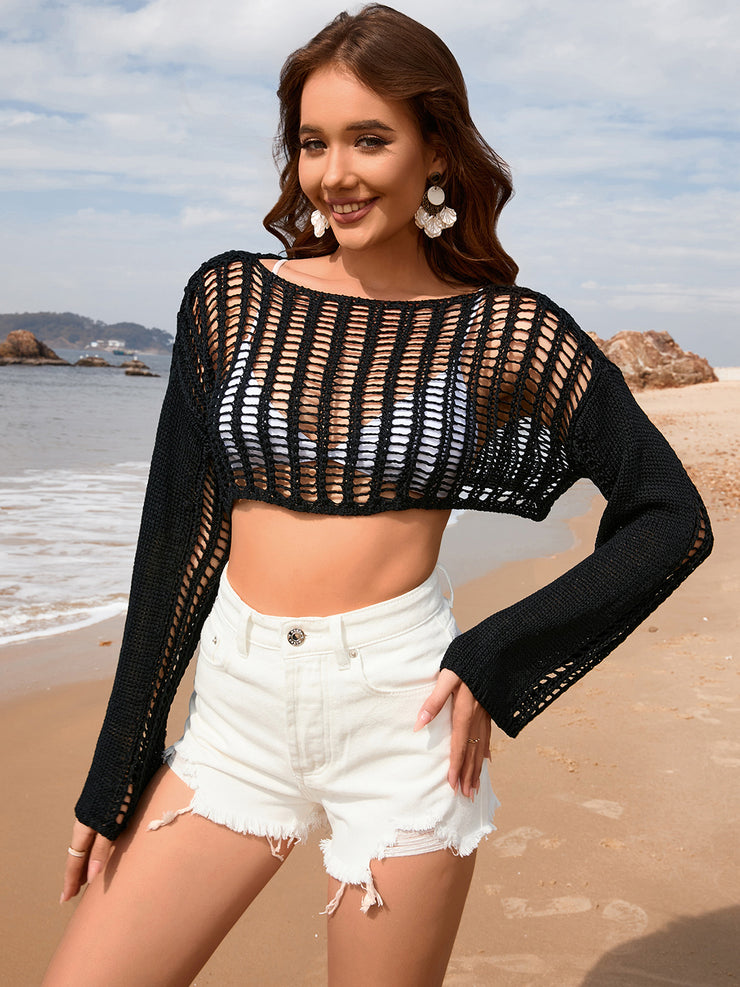 Openwork Boat Neck Long Sleeve Cover-Up