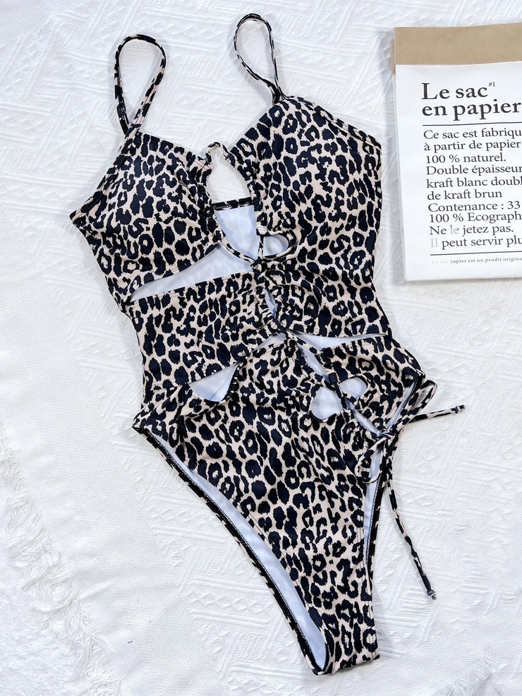 Leopard Cutout Tied One-Piece Swimsuit