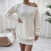 Boat Neck Long Sleeve Mini Sweater Dress