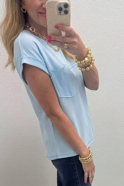 Pink Solid Color Raw Seam Waffled Patchwork Casual T Shirt