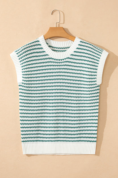 Green Stripe Ribbed Trim Loose Fit Knitted Sweater Vest