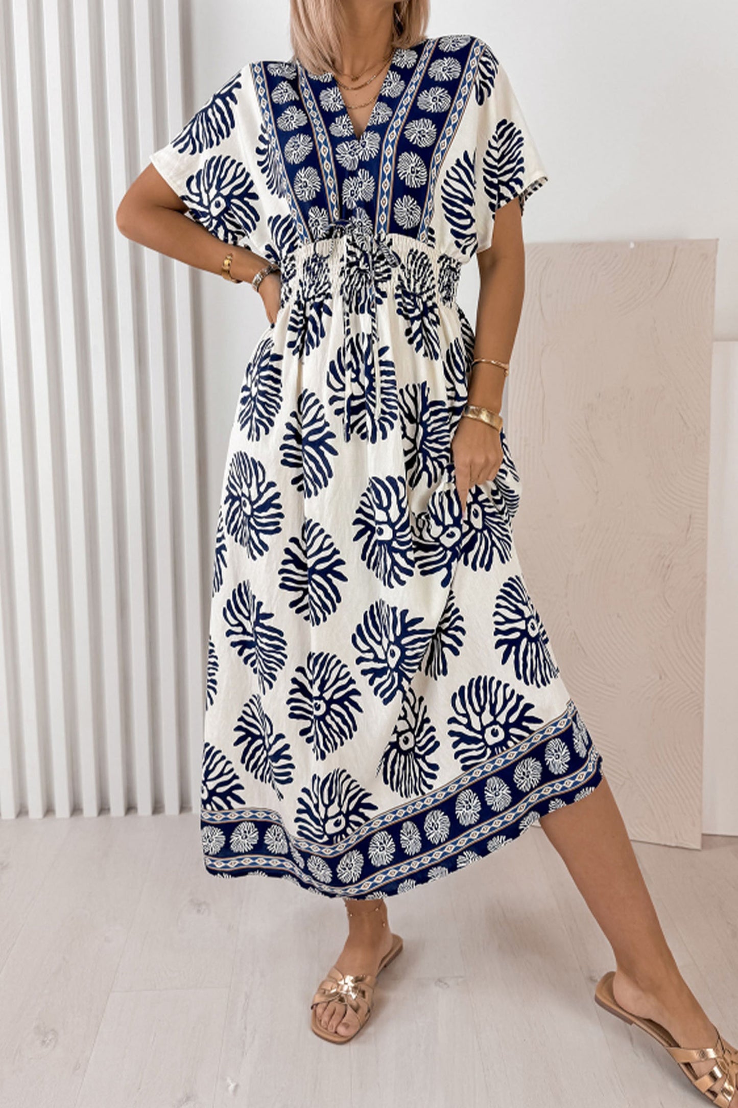 Blue Boho Floral Print Contrast Patchwork V Neck Dolman Maxi Dress