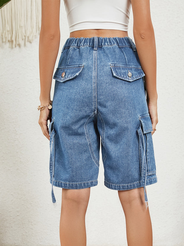 Buttoned Elastic Waist Denim Shorts with Pockets