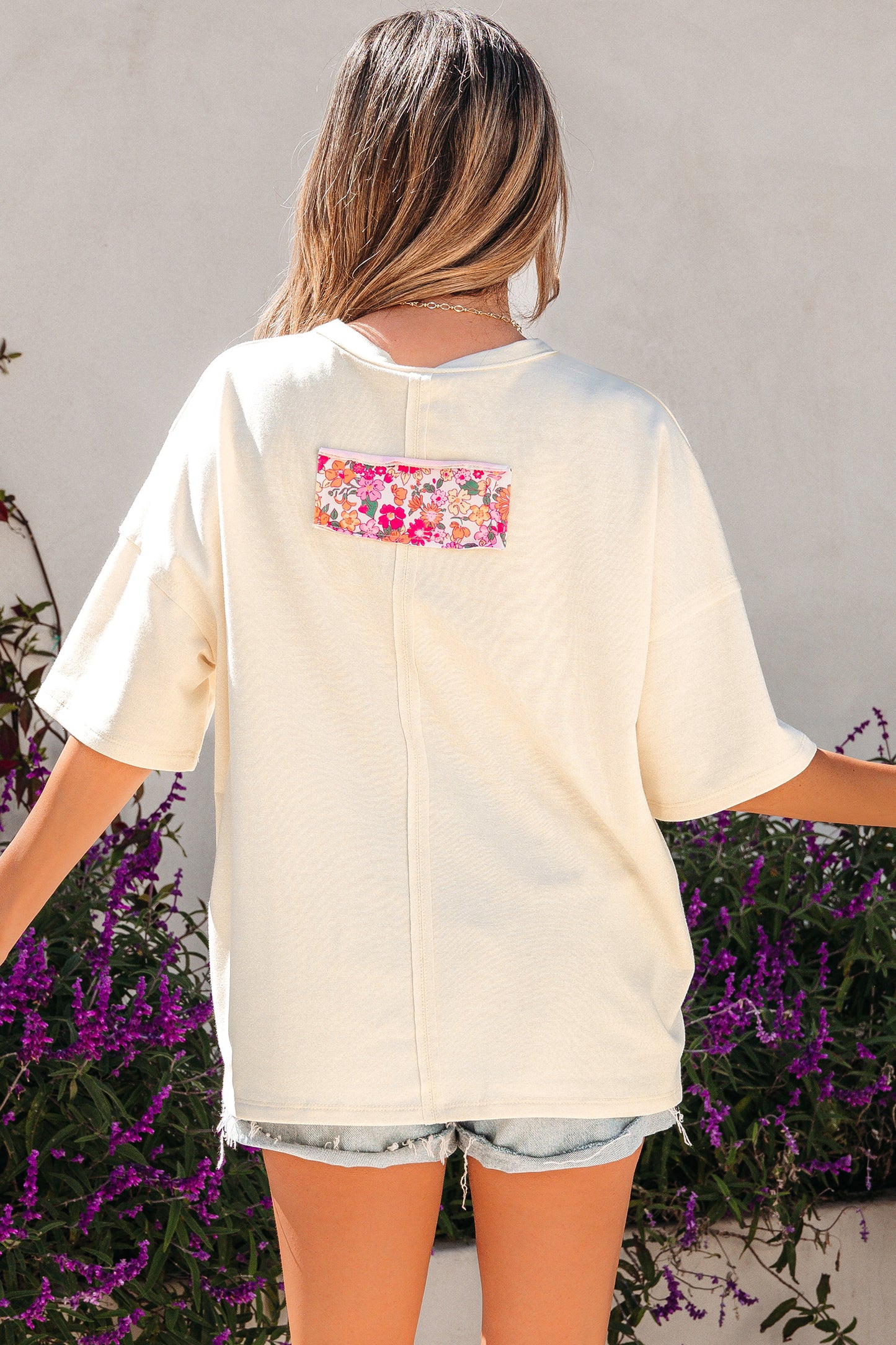 Jet Stream Floral Patched Raw Seam Big Flower Oversize Tee
