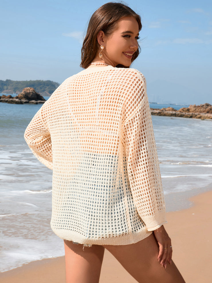 Openwork Dropped Shoulder Long Sleeve Cover-Up