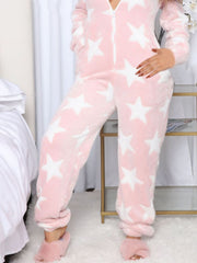 Printed Zip Up Long Sleeve Hooded Lounge Jumpsuit