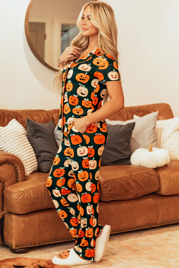 Pumpkin Printed Short Sleeve Top and Pants Lounge Set