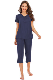 V-Neck Short Sleeve Top and Pants Lounge Set