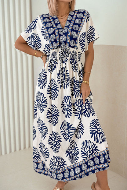 Blue Boho Floral Print Contrast Patchwork V Neck Dolman Maxi Dress