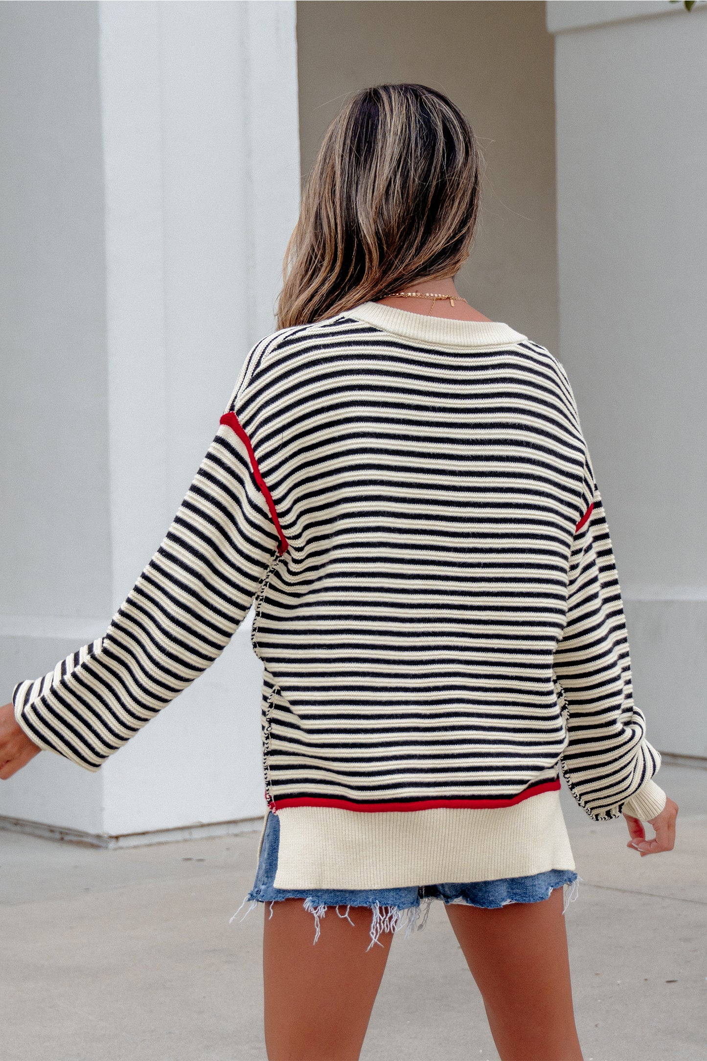 Black Stripe Ribbed Trim Drop Shoulder Oversized Sweater