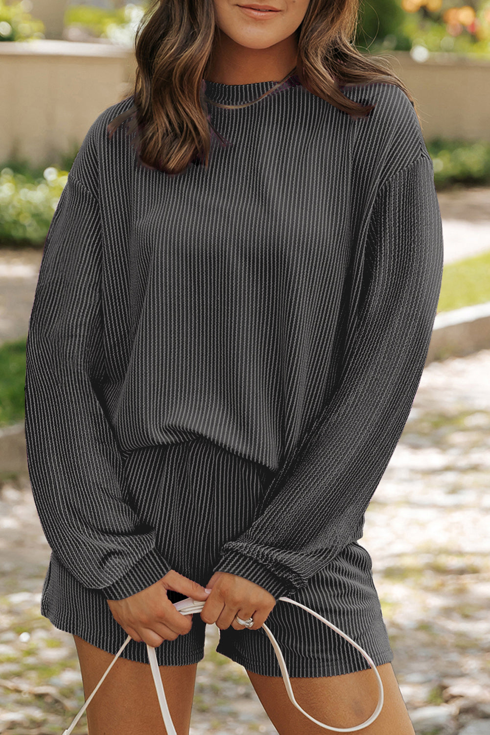 Parchment Corded Knit Long Sleeve Top and High Waist Shorts Set