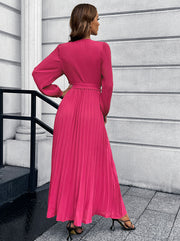 V-Neck Tie Waist Pleated Maxi Dress