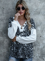 Shiny Leopard Decorative Button V-Neck Top