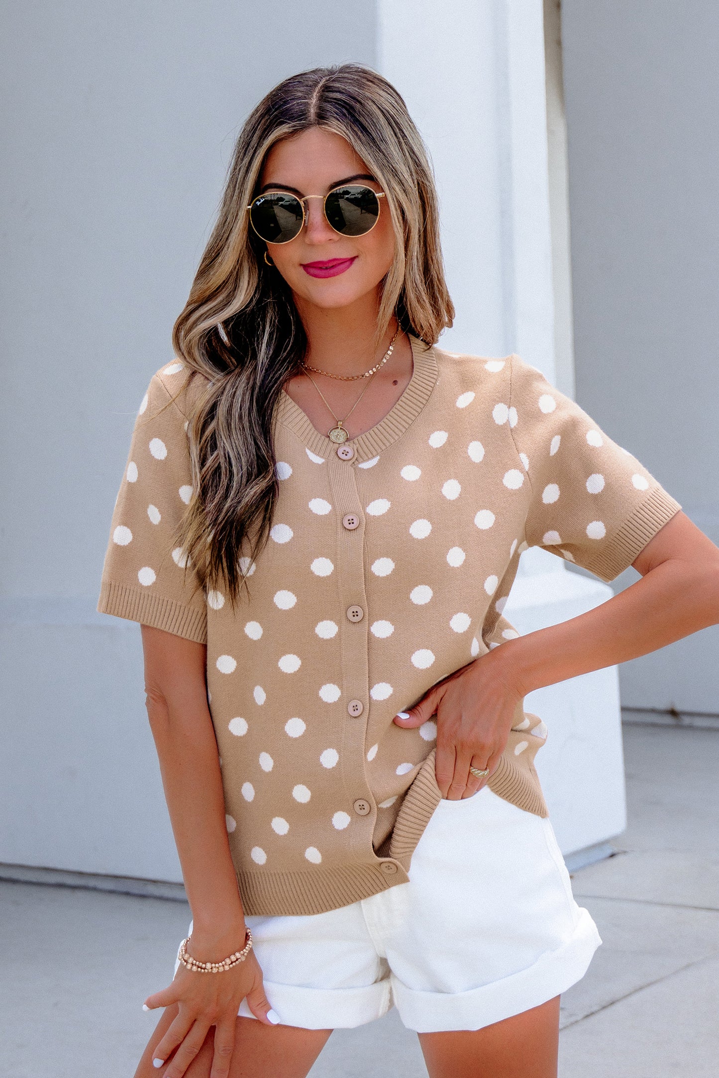 Dark Khaki Polka Dot Short Sleeve Button Down Sweater Cardigan