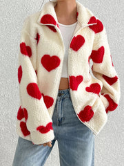 Heart Zip Up Drop Shoulder Furry Jacket