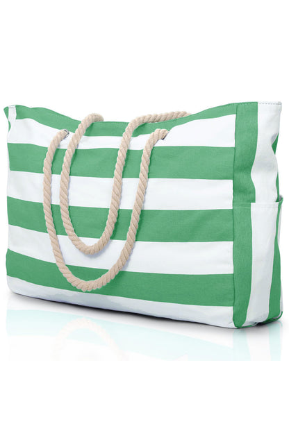 Smoke Green Striped Waterproof Canvas Large Capacity Tote Bag