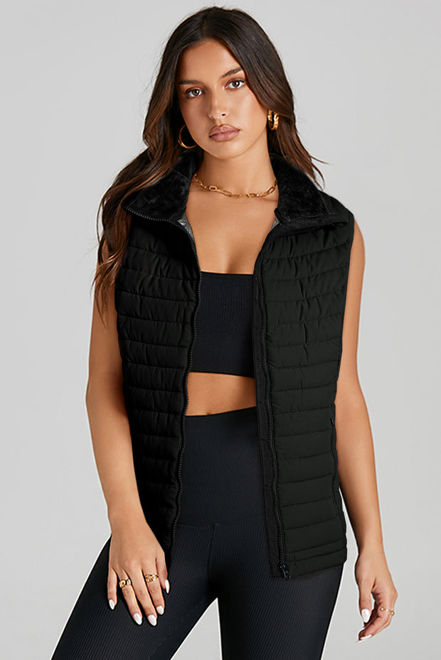 Black Plush Collared Quilted Zipped Puffer Vest