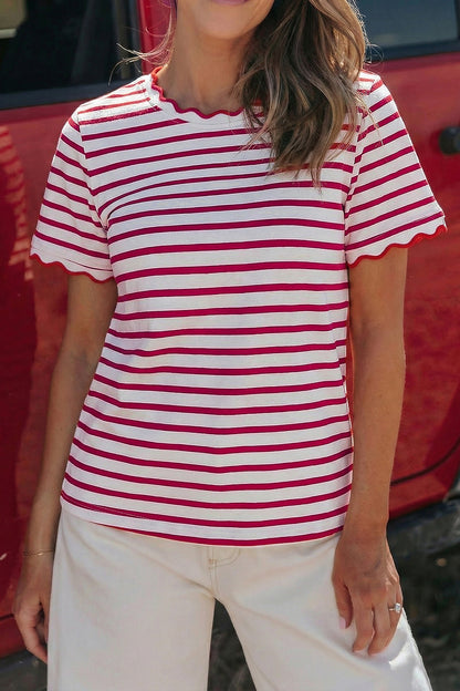 Black Stripe Scalloped Trim Round Neck T Shirt