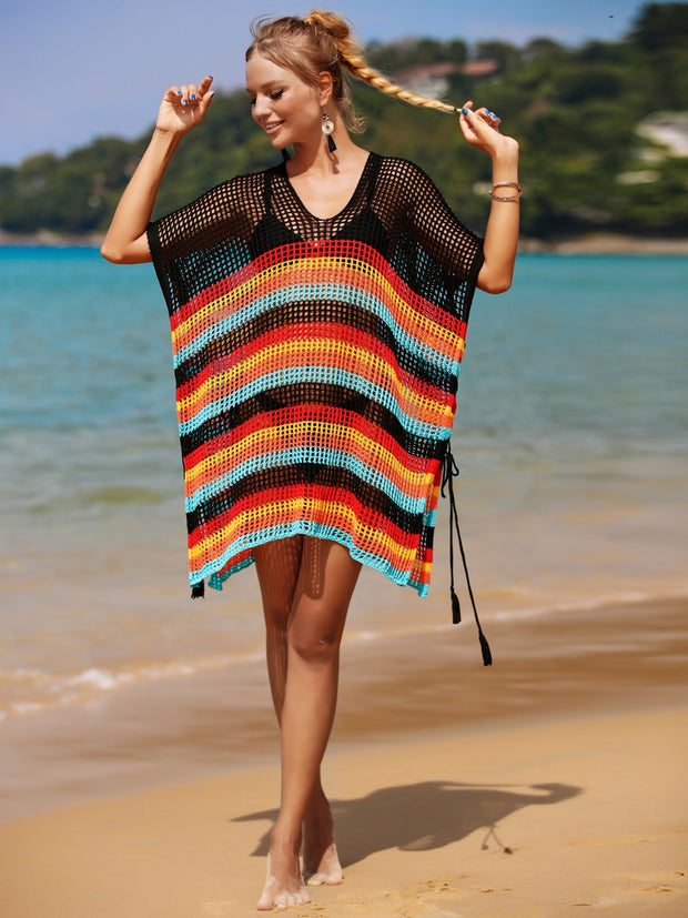 Angel Wings Cutout Striped Cover-Up with Tassel