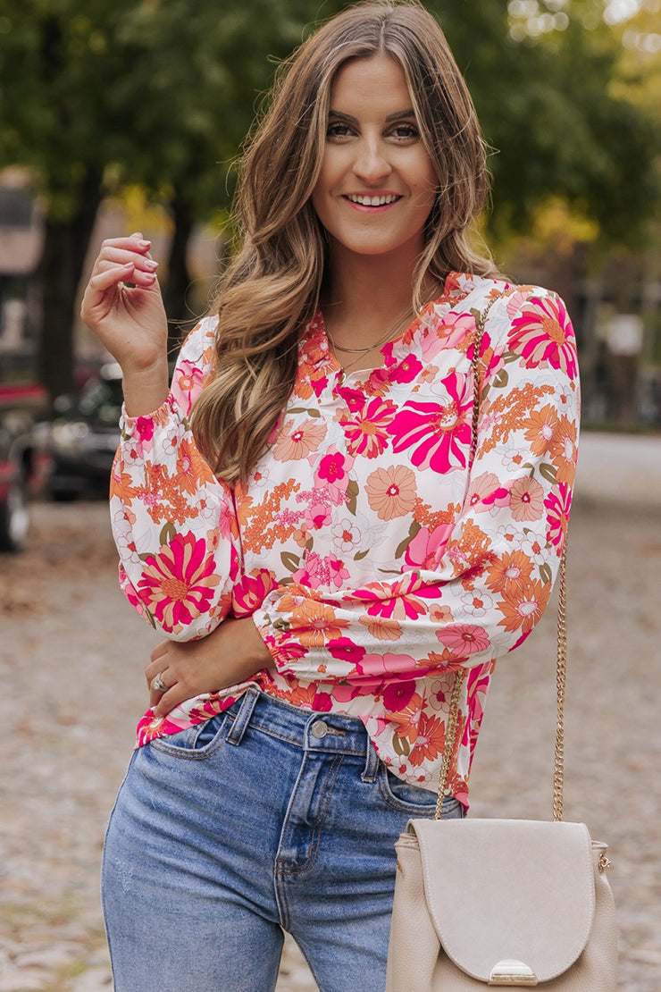 Floral V-Neck Frill Long Sleeve Blouse