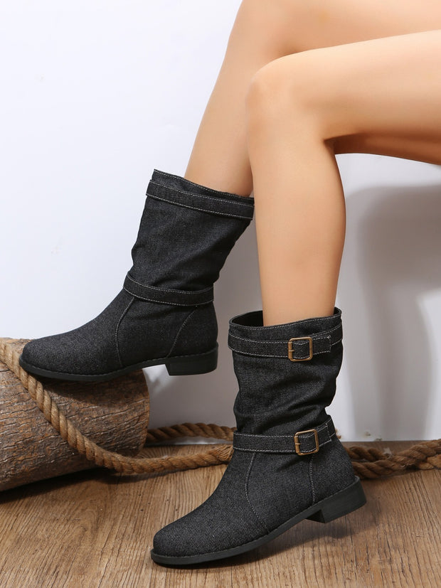 Double Buckle Block Heel Boots