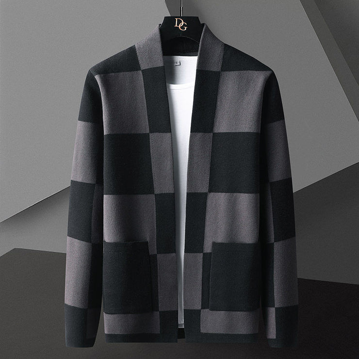 Trendy Plaid Hit Color Men Autumn Knit Cardigon