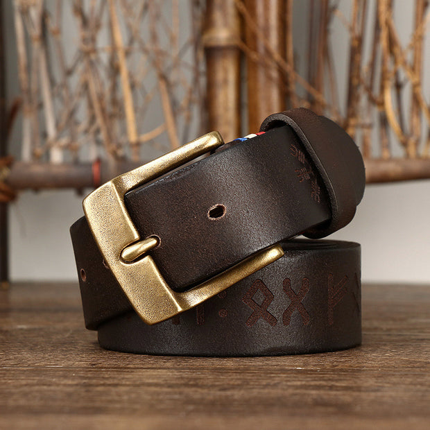 Men Engraving Cowhide Brass Buckle Belt