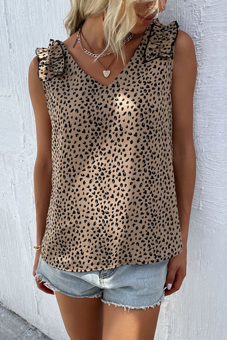 Perfee Leopard Frill Trim V-Neck Tank