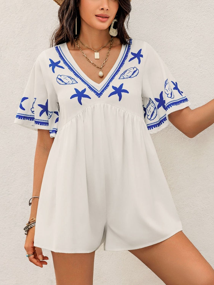 Printed V-Neck Half Sleeve Romper