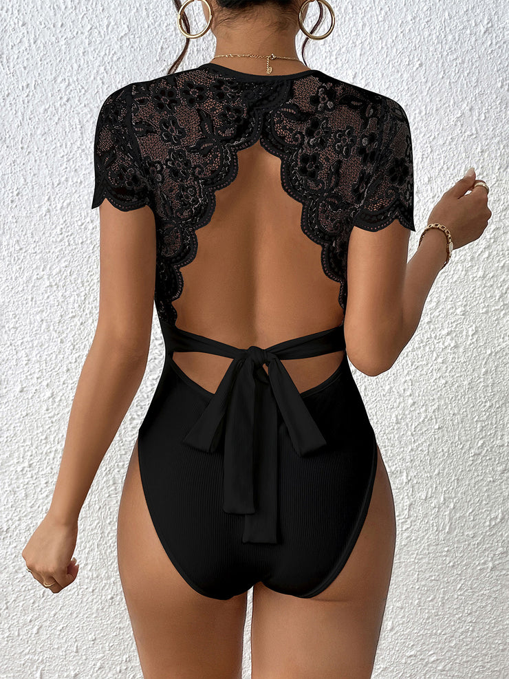 Perfee Lace Backless Round Neck Bodysuit