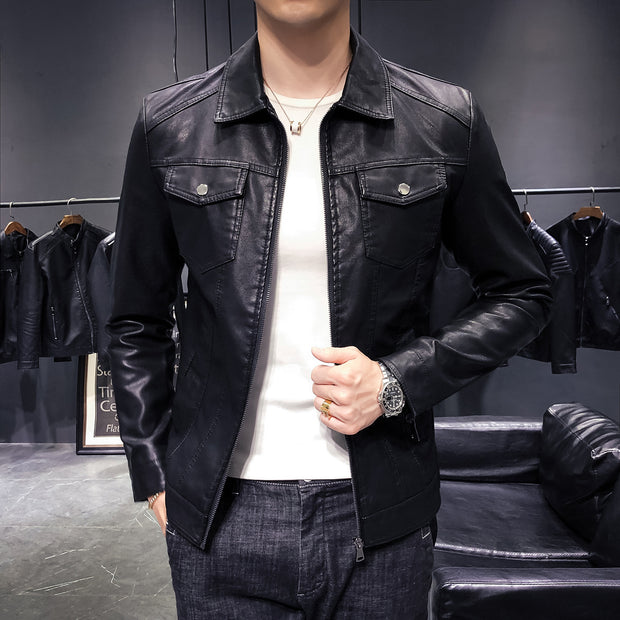 Simple Slim-fitting Lapel Motorcycle Leather Jacket Men