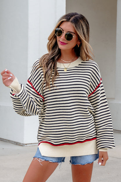 Black Stripe Ribbed Trim Drop Shoulder Oversized Sweater