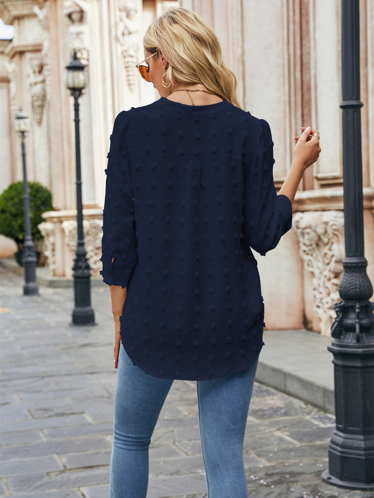 Swiss Dot Notched Neck Blouse