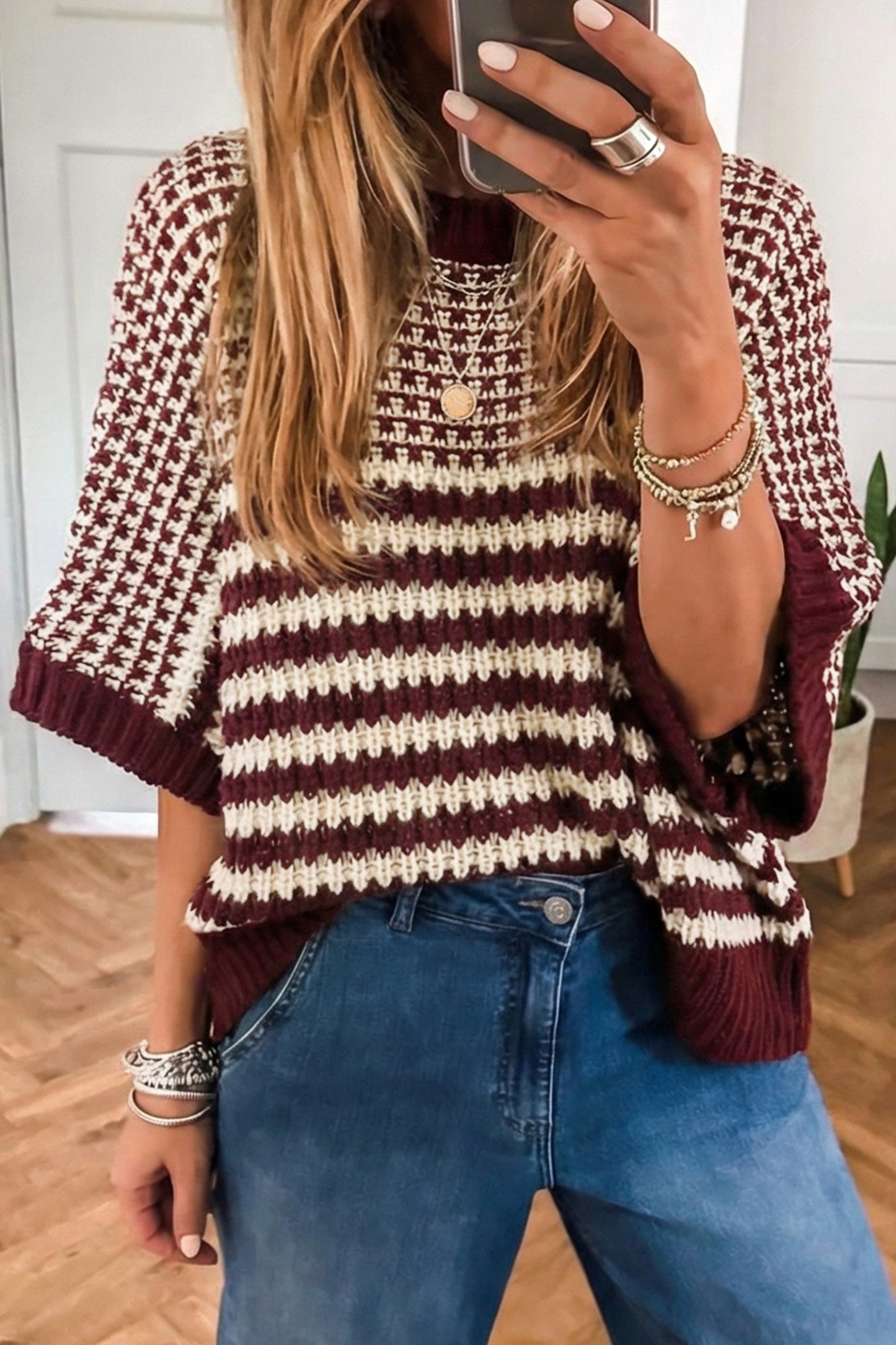 Green Stripe 3/4 Draped Sleeve Slouchy Sweater