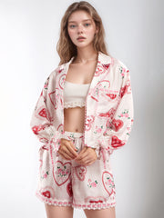 Valentine’s Day Lace Detail Heart Print Collared Neck Top and Shorts Lounge Set