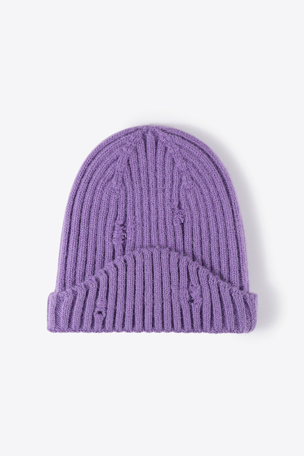 Distressed Rib-Knit Beanie