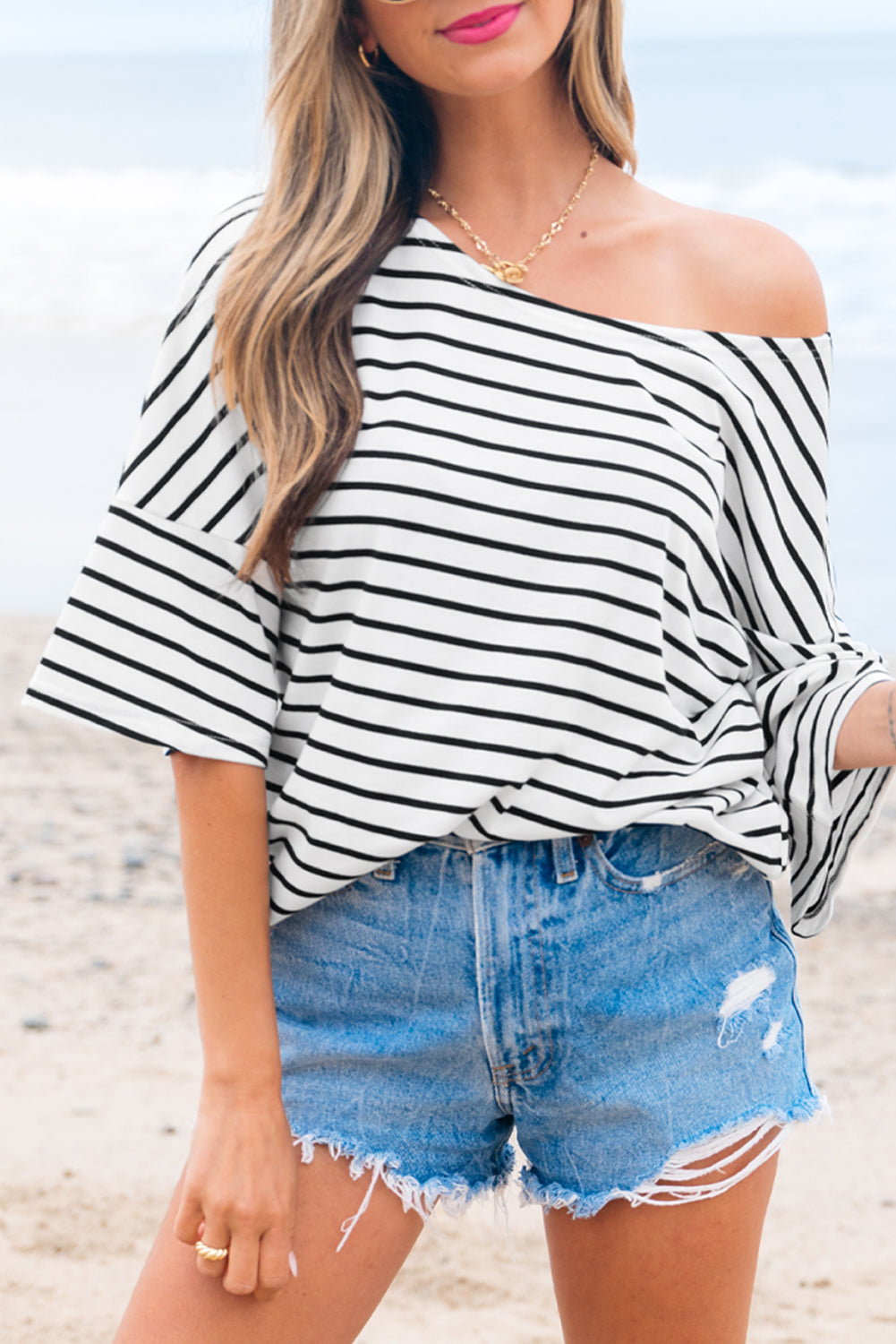 Black Stripe Half Sleeve Scoop Neck Loose Top