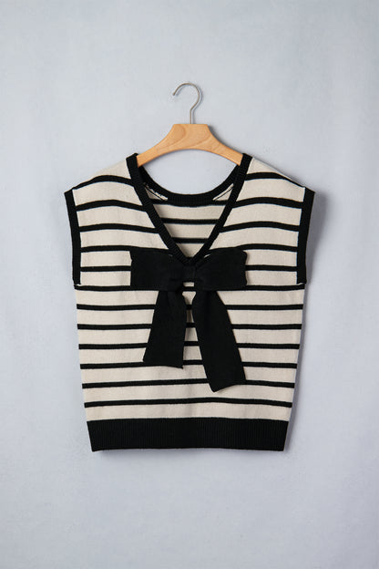 Black Stripe Bow Applique Short Sleeve Sweater